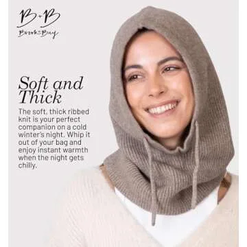 Brook + Bay Knitted Hooded Scarf w/Drawstrings - Knit Balaclava Hood Scarf for Women Winter - Stylish Hooded Hat, Neck Warmer