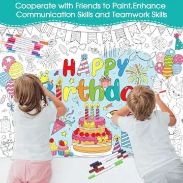 Faccito Happy Birthday Coloring Poster with 24 Dual Tip Watercolor Markers for Birthday Coloring Tablecloth 43 x 32 Inch DIY Drawing Paper Table Cover for Craft Activities Party Favors Supplies