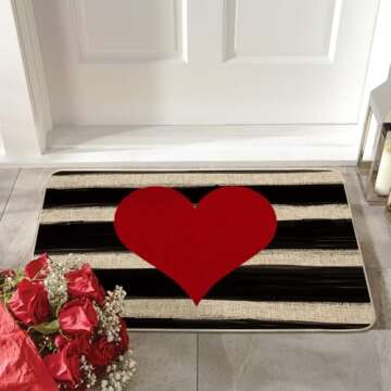 Artoid Mode Watercolor Stripes Love Heart Decorative Doormat, Seasonal Holiday Valentine's Day Anniv...