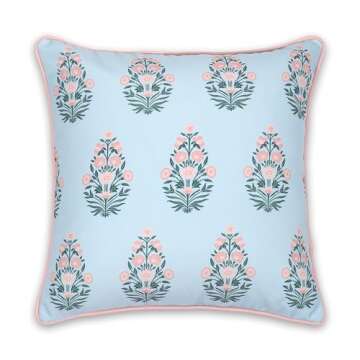 Hofdeco Premium Coastal Patio Indoor Outdoor Throw Pillow Cover Only, 18"x18" Water Repellent for Backyard, Couch, Baby Blue Blush Pink Floral with Piping