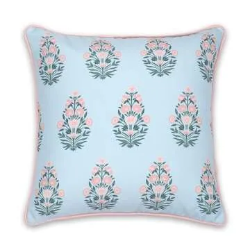 Hofdeco Premium Coastal Patio Indoor Outdoor Throw Pillow Cover Only, 18"x18" Water Repellent for Backyard, Couch, Baby Blue Blush Pink Floral with Piping