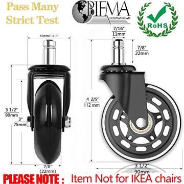 Office Rubber Chair Casters Replacement, 3 Inch Heavy-Duty Computer Gaming Desk Caster Wheels Smooth & Safe Rolling for All Floors Including Hardwood and Carpet, Set of 5