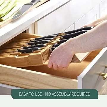 High-Grade 100% Bamboo Knife Drawer Organizer - 16 Knife Slots Plus a Sharpener Slot, Knife Organizer for Kitchen Organization, Durable, Secured, Practical, Eco-Friendly, Knife Block without Knives.