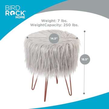 BIRDROCK HOME Silver Faux Fur Vanity Stool - Soft Furry Compact Padded Seat - Hair Pin Metal Legs - ...