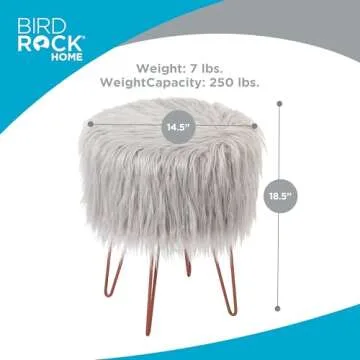BIRDROCK HOME Silver Faux Fur Vanity Stool - Soft Furry Compact Padded Seat - Hair Pin Metal Legs - ...