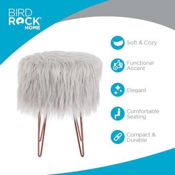 BIRDROCK HOME Silver Faux Fur Vanity Stool - Soft Furry Compact Padded Seat - Hair Pin Metal Legs - Upholstered Decorative Furniture for Bedroom, Living Room, Kids Room - Fuzzy Accent Ottoman