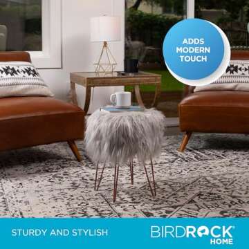 BIRDROCK HOME Silver Faux Fur Vanity Stool - Soft Furry Compact Padded Seat - Hair Pin Metal Legs - Upholstered Decorative Furniture for Bedroom, Living Room, Kids Room - Fuzzy Accent Ottoman