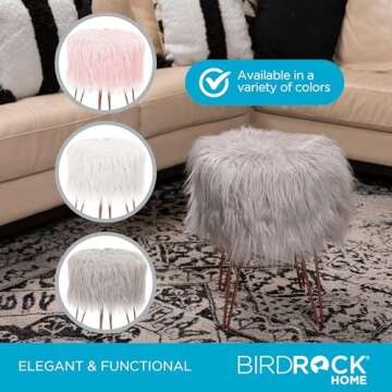 BIRDROCK HOME Silver Faux Fur Vanity Stool - Soft Furry Compact Padded Seat - Hair Pin Metal Legs - Upholstered Decorative Furniture for Bedroom, Living Room, Kids Room - Fuzzy Accent Ottoman