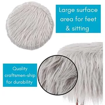 BIRDROCK HOME Silver Faux Fur Vanity Stool - Soft Furry Compact Padded Seat - Hair Pin Metal Legs - Upholstered Decorative Furniture for Bedroom, Living Room, Kids Room - Fuzzy Accent Ottoman