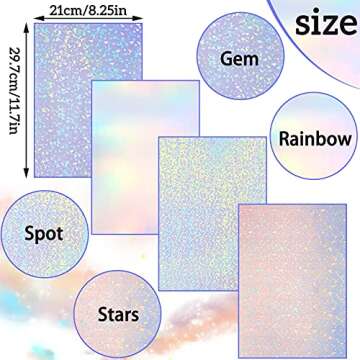 36 Sheets A4 Holographic Paper Sticker Transparent Waterproof Self Adhesive Film 11.7 x 8.3 Inches (Gem, Dot, Colorful, Star)
