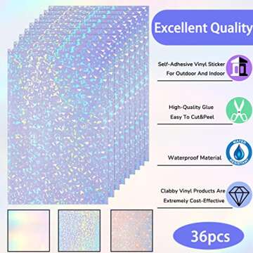 36 Sheets A4 Holographic Paper Sticker Transparent Waterproof Self Adhesive Film 11.7 x 8.3 Inches (Gem, Dot, Colorful, Star)