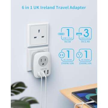 US to UK Ireland Travel Plug Adapter 2 Pack, VINTAR Type G Plug Adapter with 2 Outlets 4 USB Ports(1 USB-C), UK Power Adaptor Converter for USA to England Scotland Dubai Hong Kong British Kenya London