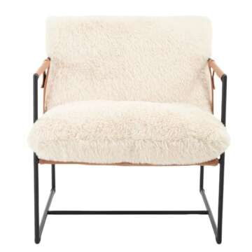 YONGSEN FURNITURE Large Modern Sling Accent Chair with Warm Plush Cushion, Black Metal Frame, Brown Faux Leather Armrests, Mid-Century Cozy Lounge Chair for Living Room, Bedroom, Office, Cream