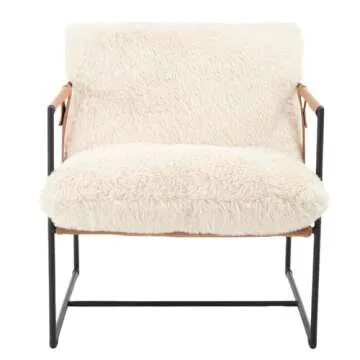 YONGSEN FURNITURE Large Modern Sling Accent Chair with Warm Plush Cushion, Black Metal Frame, Brown Faux Leather Armrests, Mid-Century Cozy Lounge Chair for Living Room, Bedroom, Office, Cream