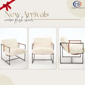 YONGSEN FURNITURE Large Modern Sling Accent Chair with Warm Plush Cushion, Black Metal Frame, Brown Faux Leather Armrests, Mid-Century Cozy Lounge Chair for Living Room, Bedroom, Office, Cream