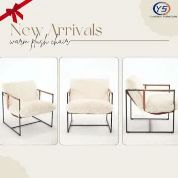 YONGSEN FURNITURE Large Modern Sling Accent Chair with Warm Plush Cushion, Black Metal Frame, Brown Faux Leather Armrests, Mid-Century Cozy Lounge Chair for Living Room, Bedroom, Office, Cream