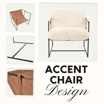 YONGSEN FURNITURE Large Modern Sling Accent Chair with Warm Plush Cushion, Black Metal Frame, Brown Faux Leather Armrests, Mid-Century Cozy Lounge Chair for Living Room, Bedroom, Office, Cream