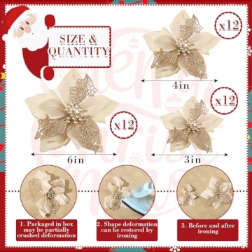 36 Christmas Glitter Poinsettia Faux Flowers for Decor