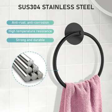 SetSail Towel Holder, Adhesive Hand Towel Holder for Bathroom Wall 304 Stainless Steel Towel Ring Matte Black Towel Hanger Heavy Duty Towel Racks for Bathroom, Kitchen