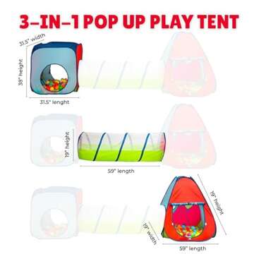 Kiddey Tunnel and Ball Pit Play Tent | 3pc Pop Up Toddler Gym Tunnels with Tents for Kids, Toddlers, Infants Boys & Girls | Indoor & Outdoor Gift Game | Baby Crawling Pits for Playground