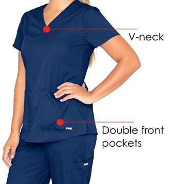 Grey's Anatomy Women's Two Pocket V-Neck Scrub Top with Shirring Back, Indigo, Large