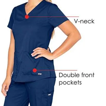 Grey's Anatomy Women's Two Pocket V-Neck Scrub Top with Shirring Back, Indigo, Large