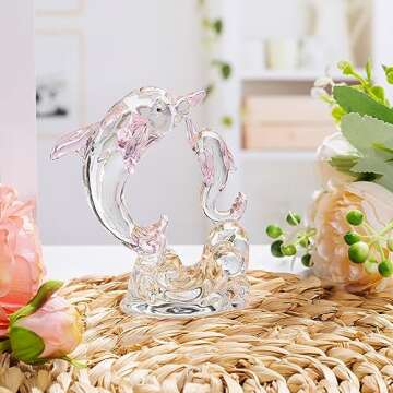 Ornalrist Double Pink Cute Crystal Dolphin Figurines, 2 Pcs Glass Sea Animal Decorations for Home Decor, Crystal Art Sculpture Statue Collectible Gifts for Mom Dolphin Lovers