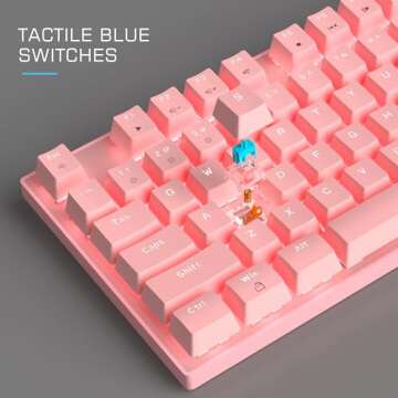 Pink Mechanical Gaming Keyboard and Mouse Combo Blue Switch 104 Keys White Backlit Keyboards, 7 Butt...