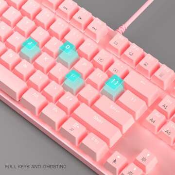 Pink Mechanical Gaming Keyboard and Mouse Combo Blue Switch 104 Keys White Backlit Keyboards, 7 Button Mouse Wired for Windows, Computer, Desktop, PC, Notebook, Laptop(Pink)