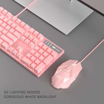 Pink Mechanical Gaming Keyboard and Mouse Combo Blue Switch 104 Keys White Backlit Keyboards, 7 Button Mouse Wired for Windows, Computer, Desktop, PC, Notebook, Laptop(Pink)