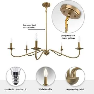 Brio Lighting Ellie 5 Light Traditional Chandelier Light Fixture, Gold Farmhouse Island Lighting for Kitchen Dining Room, Large Linear Pendant Light 59.50 x 40.76 x 40.76 in (H x W x L)