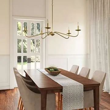 Brio Lighting Ellie 5 Light Traditional Chandelier Light Fixture, Gold Farmhouse Island Lighting for Kitchen Dining Room, Large Linear Pendant Light 59.50 x 40.76 x 40.76 in (H x W x L)