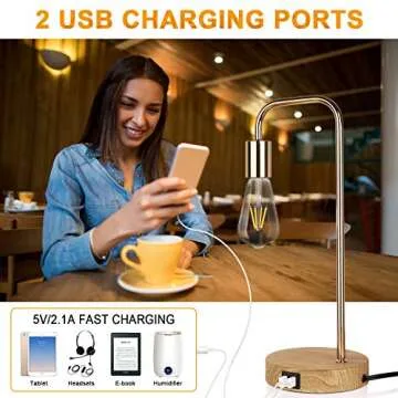 Touch Control Table Lamp, USB Desk Lamp, 3 Way Dimmable Modern Nightstand Lamp with Two USB Charging Ports for Bedroom, Living Room, Office, Dimmable Vintage 6W ST64 E26 LED Bulb Included, Gold