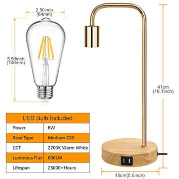 Touch Control Table Lamp, USB Desk Lamp, 3 Way Dimmable Modern Nightstand Lamp with Two USB Charging Ports for Bedroom, Living Room, Office, Dimmable Vintage 6W ST64 E26 LED Bulb Included, Gold
