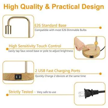 Touch Control Table Lamp, USB Desk Lamp, 3 Way Dimmable Modern Nightstand Lamp with Two USB Charging Ports for Bedroom, Living Room, Office, Dimmable Vintage 6W ST64 E26 LED Bulb Included, Gold