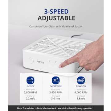 AIRSEE Nail Dust Collector for Beginner,Powerful Manicure Vacuum for Acrylic Gel Nail Polishing with Reusable Filter,3-Speed Adjustable Extractor Fan for Salon and Home Use,GD3 Ivory White