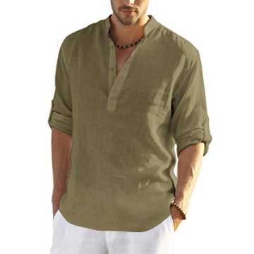Stylish COOFANDY Men's Cotton Linen Henley T-Shirts Army Green
