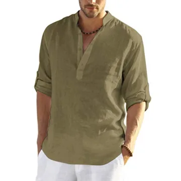 Stylish COOFANDY Men's Cotton Linen Henley T-Shirts Army Green