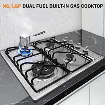 4 Burner Gas Stove Gas Cooktop 24 Inch, Stainless Steel Built-in Gas Hob for LPG/NG Dual Fuel, Natur...