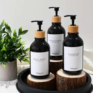 Shampoo and Conditioner Bottles, Apothecary Dispenser Bamboo Pump, Refillable Shampoo Bottles for Sh...