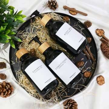 Shampoo and Conditioner Bottles, Apothecary Dispenser Bamboo Pump, Refillable Shampoo Bottles for Shampoo Lotion Oil Shower Soap Hand Soap and Dish Soap, Plastic Black Set (Black)