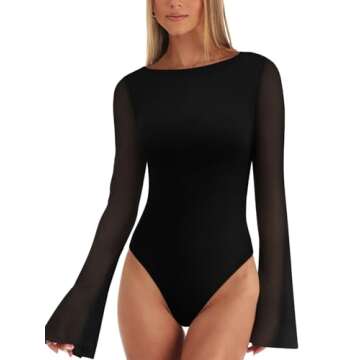 REORIA Women’s Fall Trendy Sexy Boat Neck Long Sleeve Sheer Mesh Slimming Going Out Bodysuit Tops ...