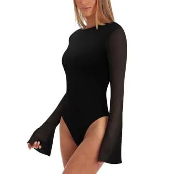 REORIA Women’s Fall Trendy Sexy Boat Neck Long Sleeve Sheer Mesh Slimming Going Out Bodysuit Tops for Vacation Black Small
