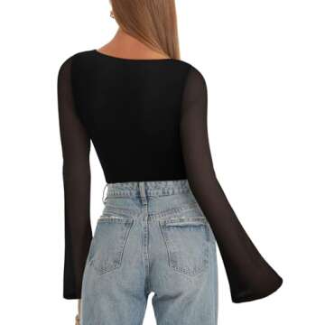 REORIA Women’s Fall Trendy Sexy Boat Neck Long Sleeve Sheer Mesh Slimming Going Out Bodysuit Tops for Vacation Black Small
