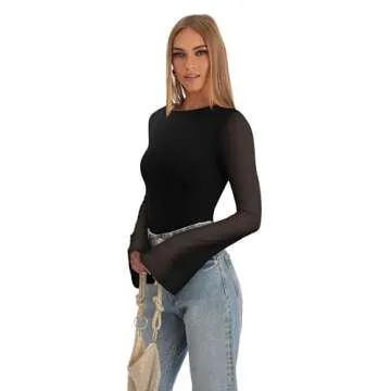 REORIA Women’s Fall Trendy Sexy Boat Neck Long Sleeve Sheer Mesh Slimming Going Out Bodysuit Tops for Vacation Black Small