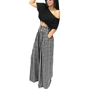 NRTHYE Womens Palazzo Long Pants Houndstooth High Waist Wide Leg Stretchy Loose Fit Casual Trousers ...