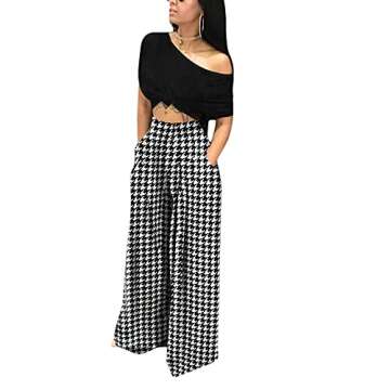 NRTHYE Womens Palazzo Long Pants Houndstooth High Waist Wide Leg Stretchy Loose Fit Casual Trousers with Pocket