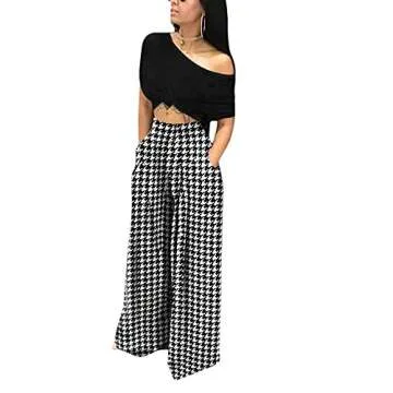 NRTHYE Womens Palazzo Long Pants Houndstooth High Waist Wide Leg Stretchy Loose Fit Casual Trousers with Pocket