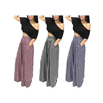 NRTHYE Womens Palazzo Long Pants Houndstooth High Waist Wide Leg Stretchy Loose Fit Casual Trousers with Pocket