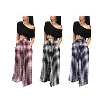 NRTHYE Womens Palazzo Long Pants Houndstooth High Waist Wide Leg Stretchy Loose Fit Casual Trousers with Pocket